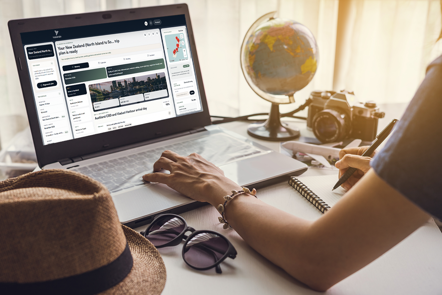 Traveller reviewing an AI-generated itinerary on a clean, structured planning interface