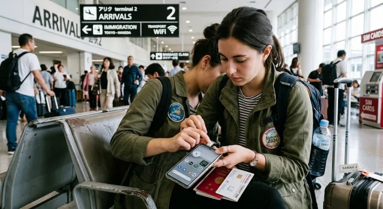 A traveller inserts a SIM card into their smartphone at an airport abroad, ready to use maps and book transport.