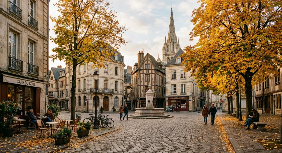 A peaceful European city square in soft autumn light, with golden leaves and few tourists.