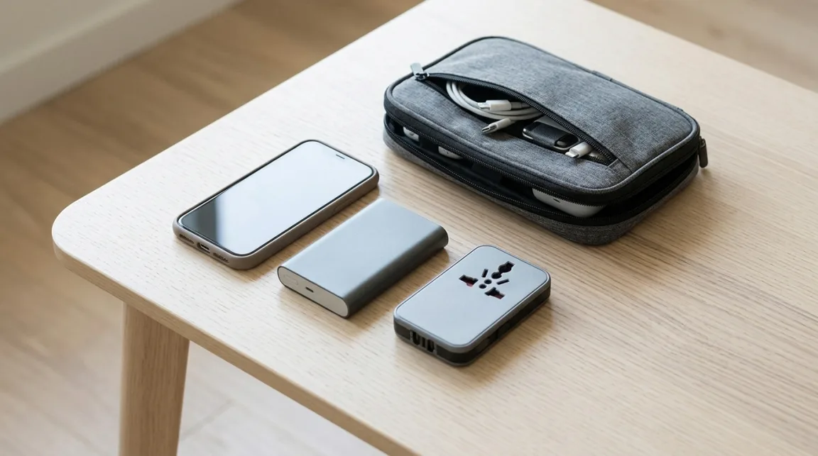 A compact set of travel tech—a phone, power bank, flat universal adapter, and zipped organiser—on a minimalist table.
